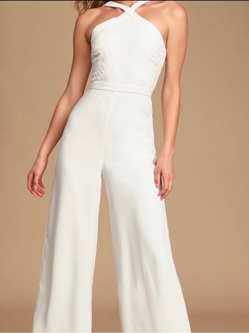 Lulus White Embroidered Halter Jumpsuit Wide Leg Bridal Size 4